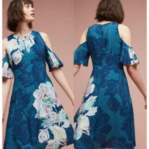 MAEVE ANTHROPOLOGIE Size‎ 2 Cold Shoulder Teal Blue Floral Print Fit Flare Dress
